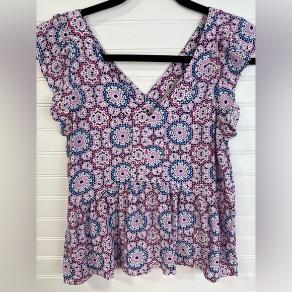 Loft women’s v-neck multi colored ruffle peplum business casual top. Size XS. - Picture 1 of 4